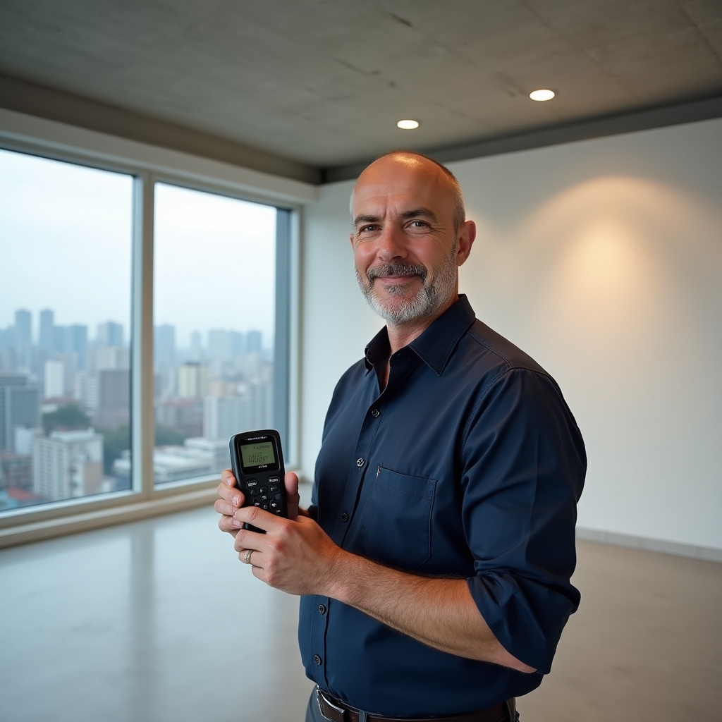 Acoustic engineer measuring sound insulation between apartments in a new building in Chile