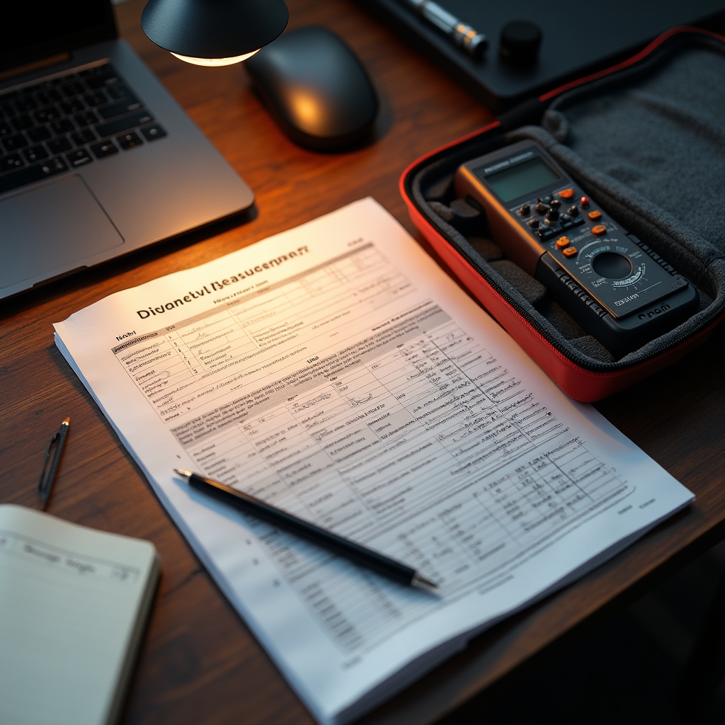 Technical acoustic standards document and measurement equipment on a desk