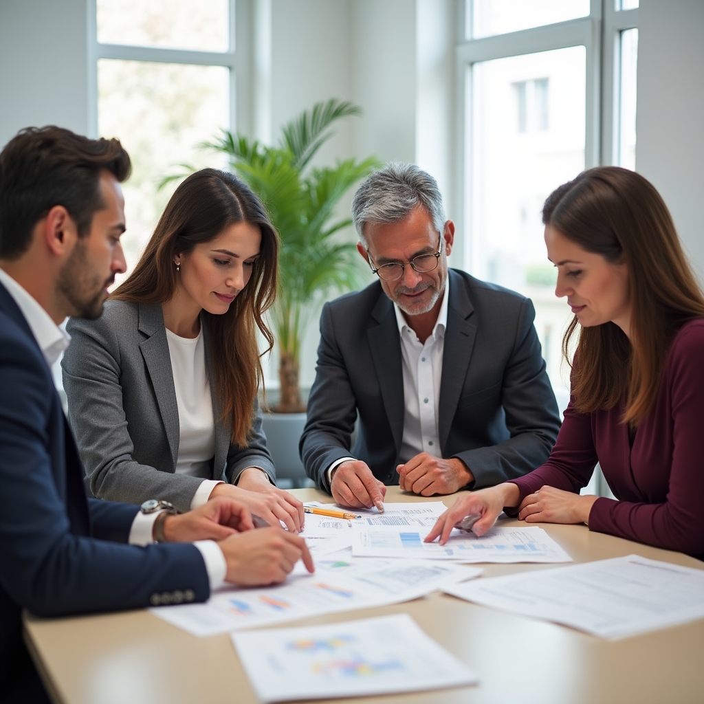 Group of real estate co-investors reviewing documents around a conference table before apartment handover