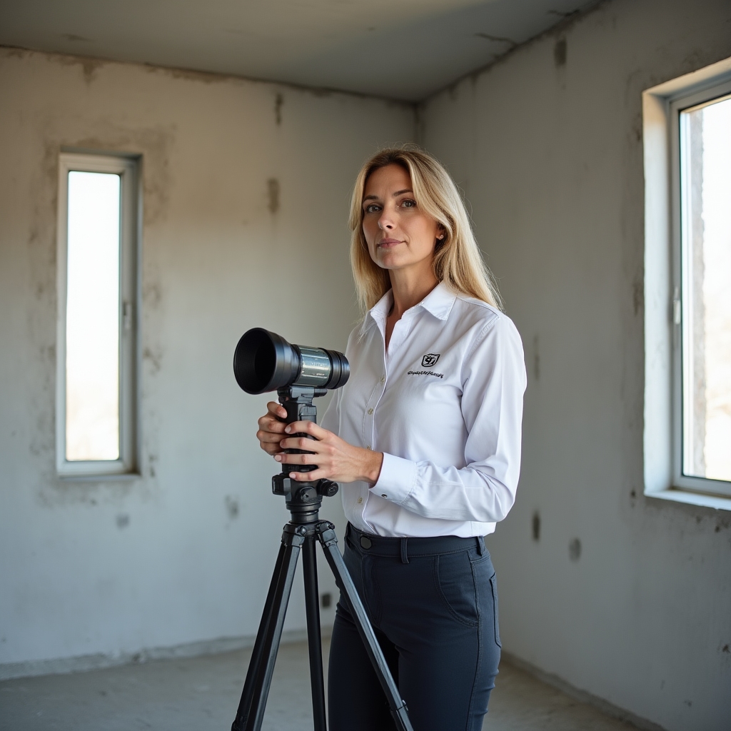 Ingeniero acústico sosteniendo un sonómetro clase 1 calibrado dentro de un edificio de departamentos nuevo