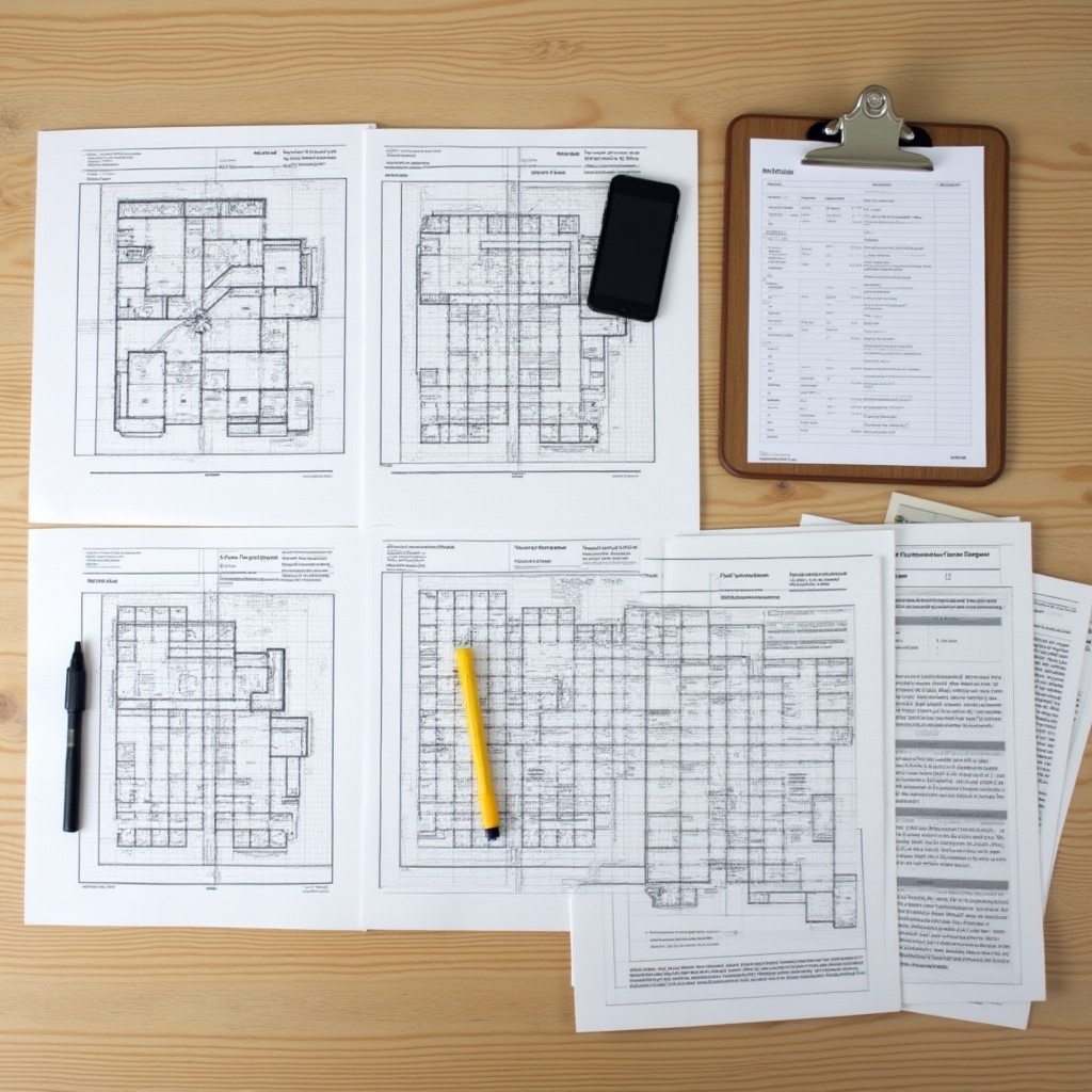 Múltiples documentos de inspección acústica extendidos sobre una mesa mostrando la planificación coordinada de mediciones grupales para compradores en coinversión