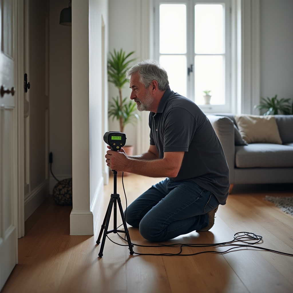 Ingeniero acústico realizando una evaluación de ruido post-ocupación en un departamento habitado, con equipo de medición junto a un muro compartido