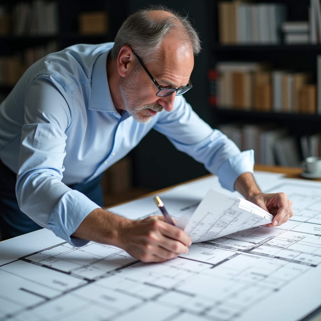 Consultor acústico revisando planos de construcción arquitectónicos y fichas técnicas de materiales sobre una mesa de trabajo